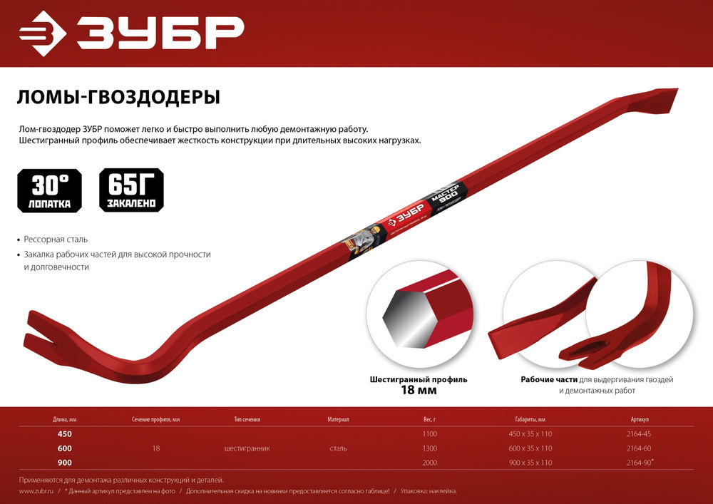 Лом-гвоздодер Hex-18 900 мм ЗУБР 2164-90