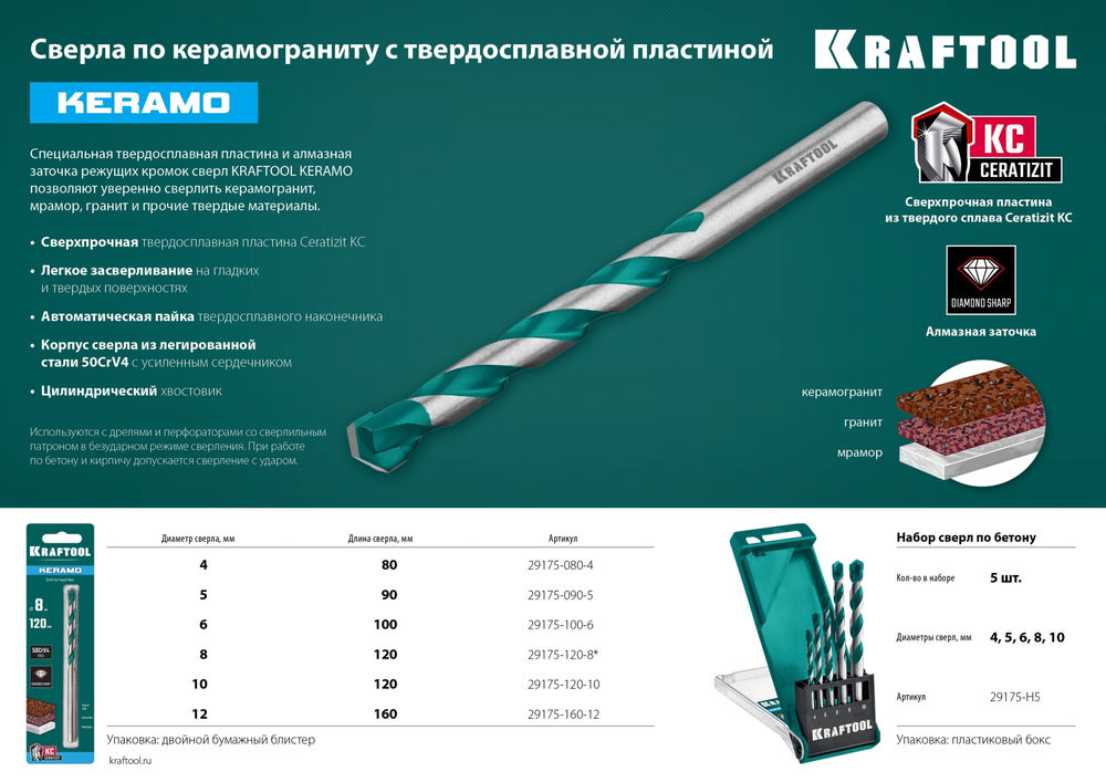 Сверло по керамограниту Keramo, 10 х 120 мм, тв.сплав КС KRAFTOOL 29175-120-10