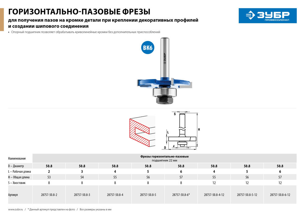 Фреза горизонтально-пазовая 50.8 x 2 мм, хвостовик 8 мм ЗУБР Профессионал 28757-50.8-2