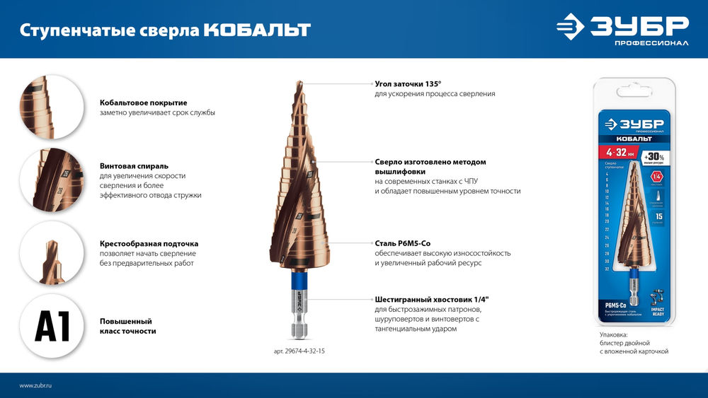 Сверло ступенчатое 4-20 мм, 9 ступеней, винтовая проточка КОБАЛЬТ ЗУБР Профессионал 29674-4-20-9