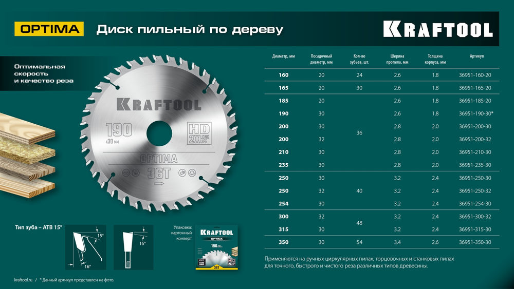 Пильный диск по дереву Optima, 210 х 30 мм, 36Т KRAFTOOL 36951-210-30