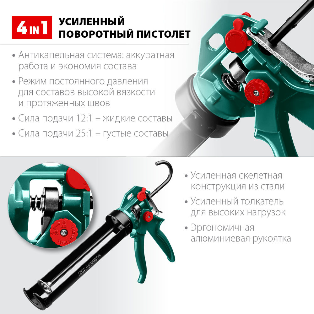 Пистолет для герметика EXPERT 4-in-1, 310 мл, антикапельная система, регулировка силы давления, усиленный скелетный поворотный KRAFTOOL 06675