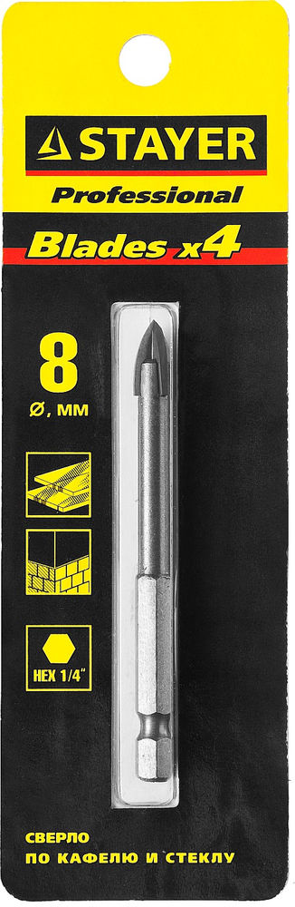 Сверло по стеклу и кафелю 8 мм, 4х кромка, HEX 1/4 STAYER 2985-08_z01