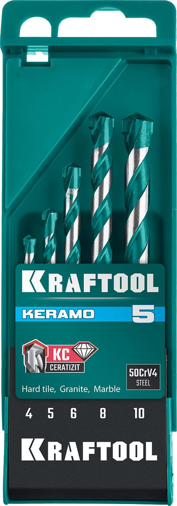 Набор сверл по керамограниту Keramo, 5 шт: 4-5-6-8-10 мм, с твердосплавной пластиной KRAFTOOL 29175-H5