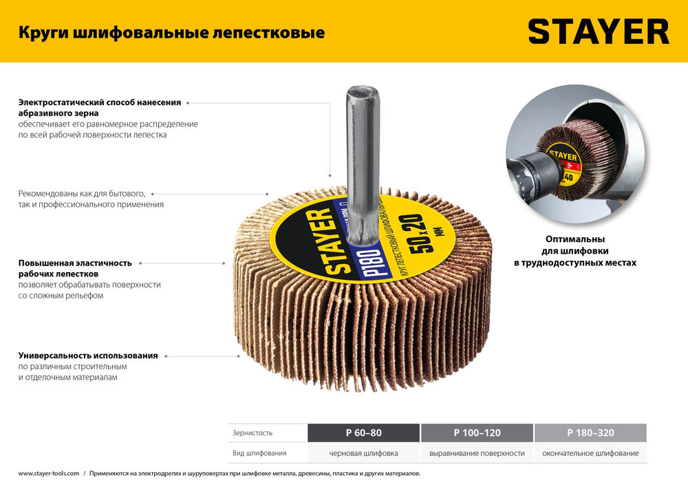 Круг шлифовальный лепестковый d 50 x 20 мм, P60, на шпильке d 6 мм STAYER 36607-060
