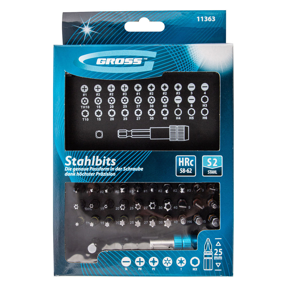 Набор бит, магнитный адаптер, сталь S2, пластиковый кейс, 32 предмета Gross (11363)
