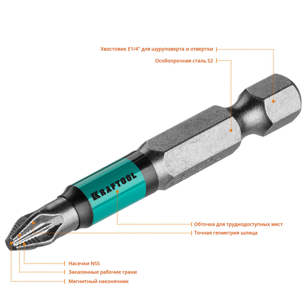 Биты Optimum PZ2, 50 мм, 10 шт KRAFTOOL 26124-2-50-10