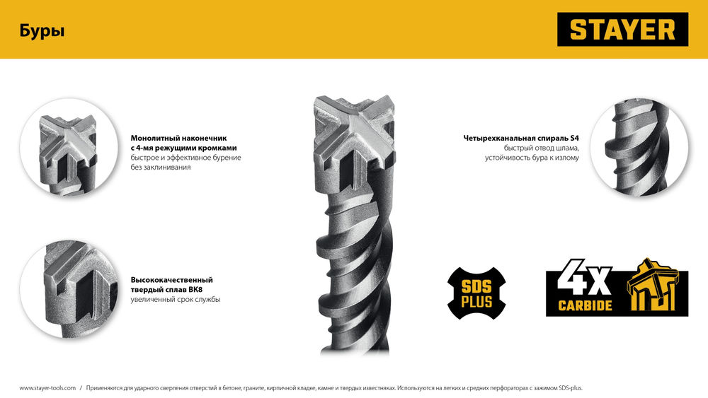 Бур SDS-plus HERCULES-4Х STAYER 6x160 мм 29290-160-06  