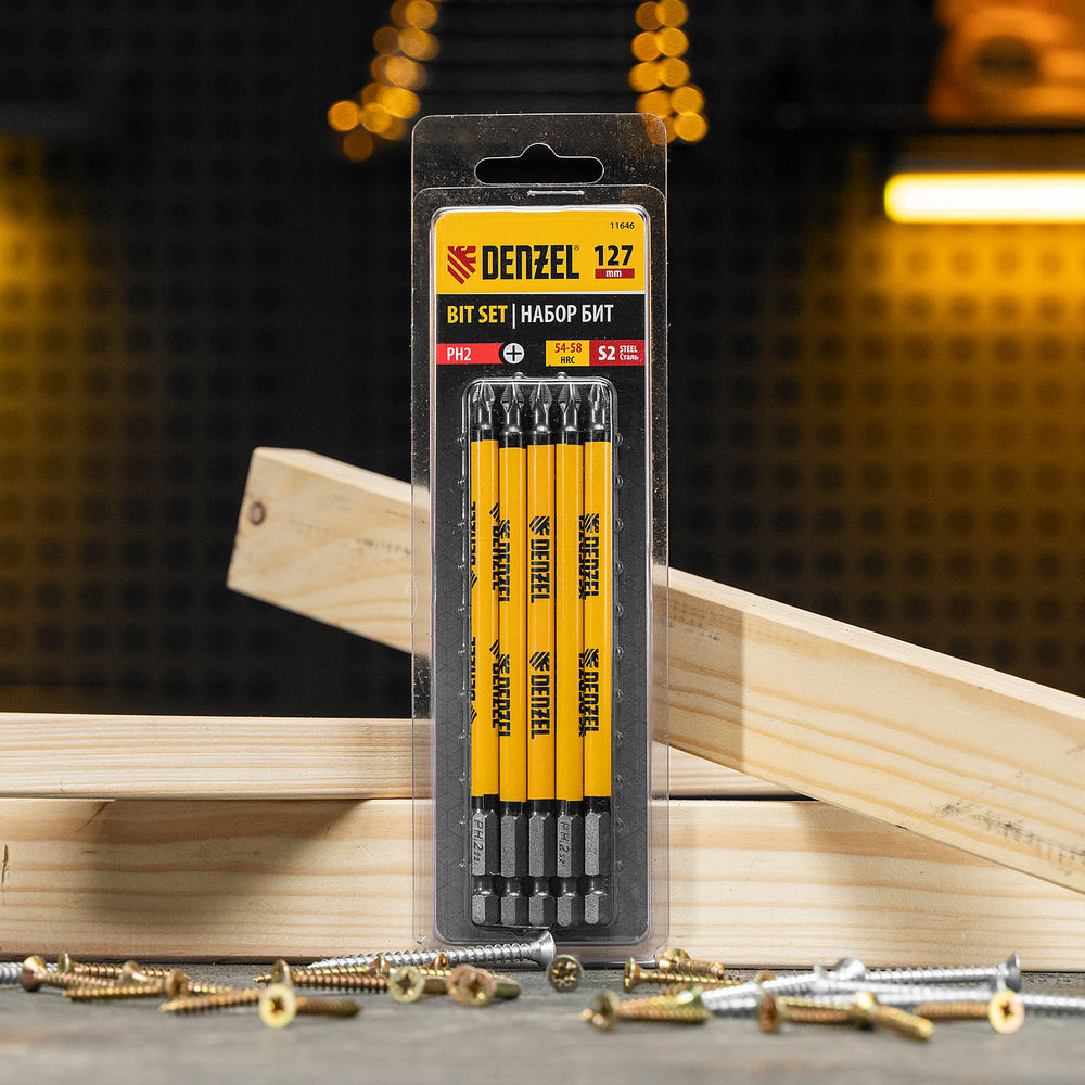 Бита PH2х127, сталь S2, цилиндр., 5шт. Е 6,3 Denzel (11646)