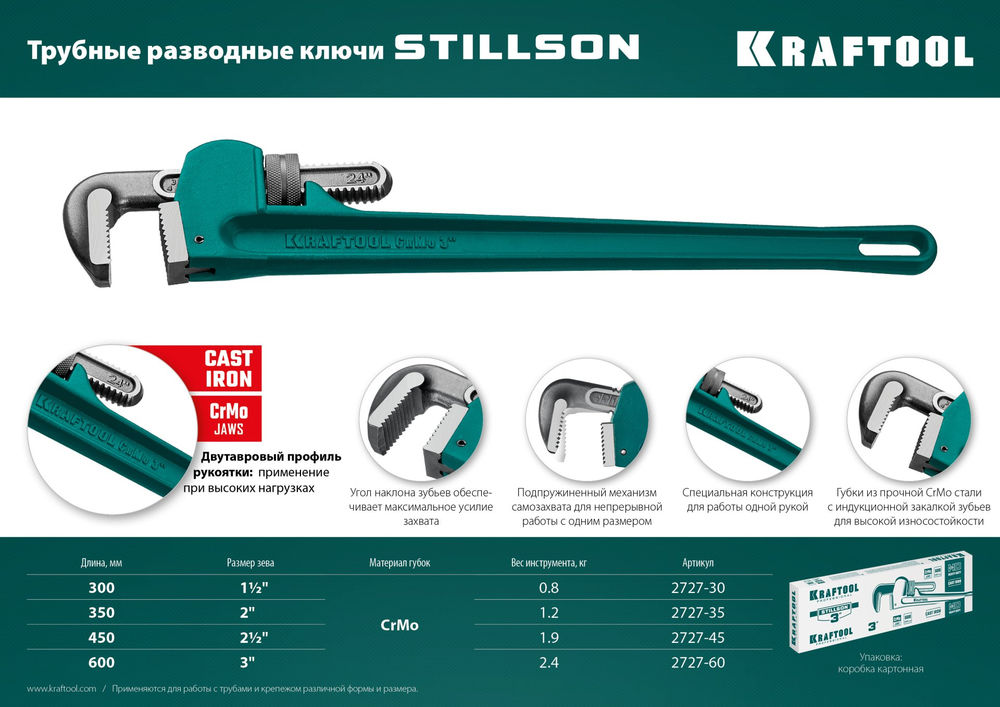 Ключ разводной трубный STILLSON, 1.5, 300 мм (2727-30) KRAFTOOL