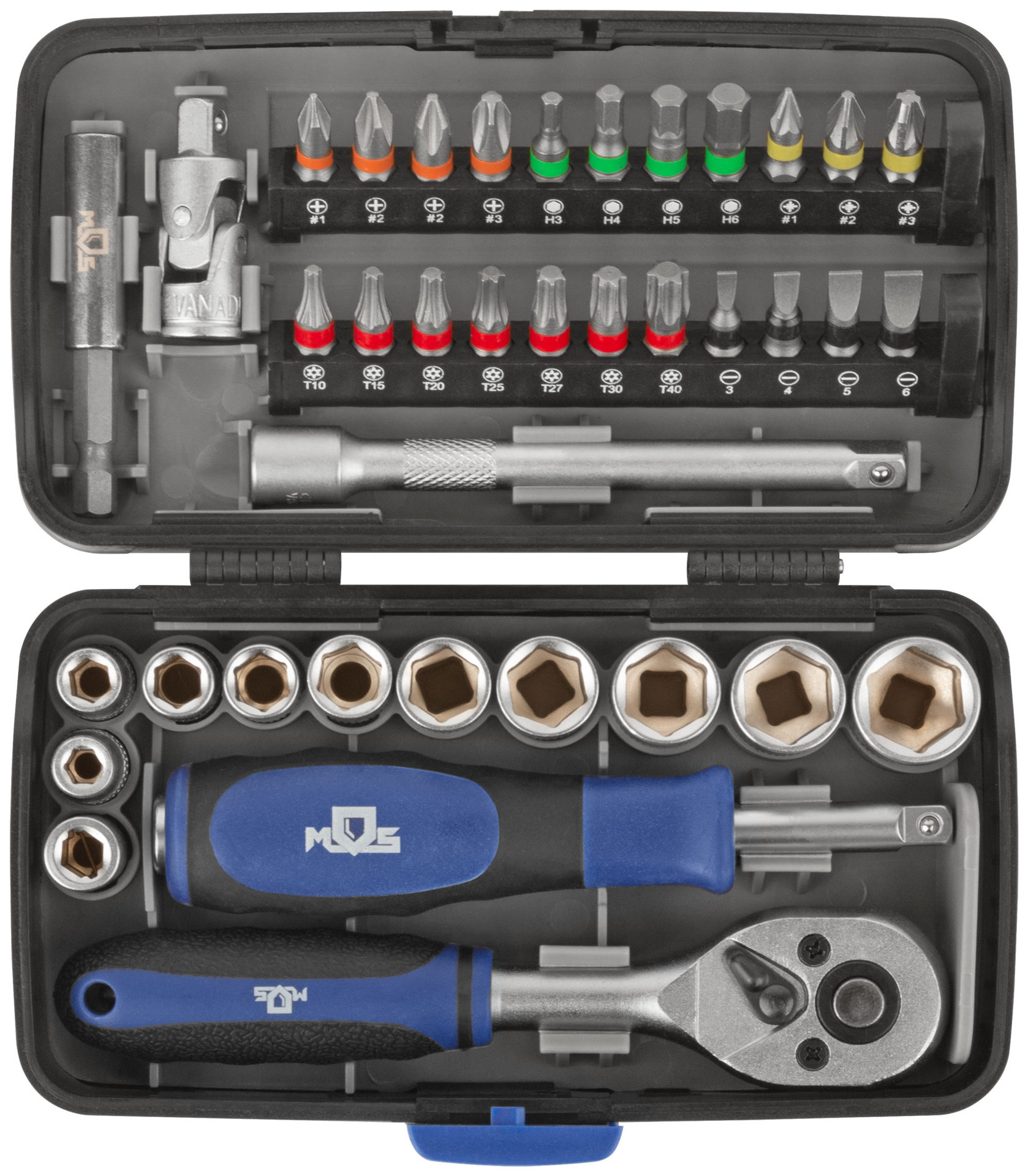 Мини-набор инструмента (биты, головки, вороток, удлинитель), 38 шт., пластиковый кейс (65000М)