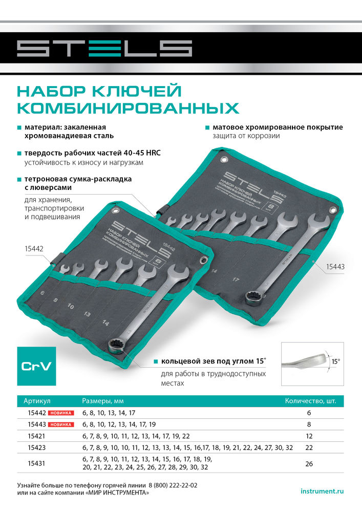 Набор ключей комбинированных 6-19 мм, 8 шт., CrV, матовый хром Stels (15443)