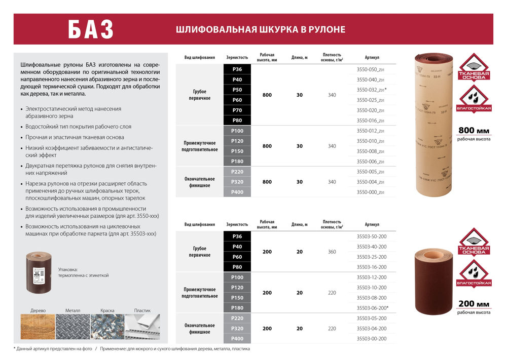 Рулон шлифовальный водостойкий на тканевой основе БАЗ 4-H (Р320) 800 мм 30 м 3550-004_z01  