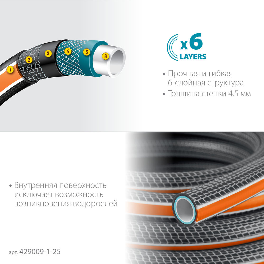 Поливочный шланг ULTRA 6, 1, 25 м, 20 атм, шестислойный, двойное армирование, PROLine GRINDA 429009-1-25