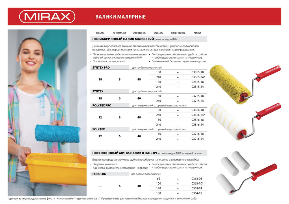 Малярный ролик POLYTEX PRO, 48 х 180 мм, бюгель 8 мм, ворс 12 мм, полиакрил/полиэстер, все виды ЛКМ MIRAX 02816-18