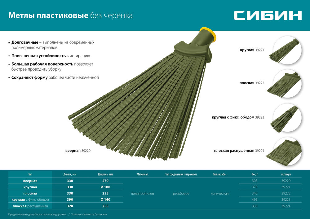 Пластиковая метла плоская распушенная гибкая 380 х 270 мм полипропилен коническое резьбовое соединение СИБИН 39224_z01