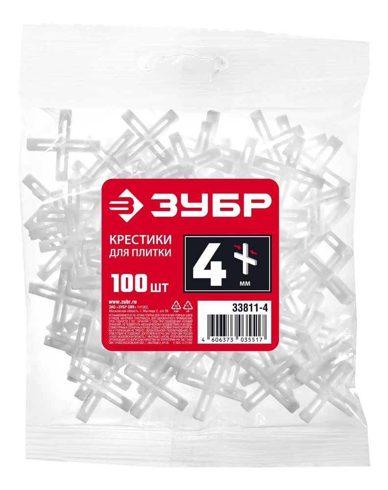 Крестики для плитки 4 мм, 100 шт ЗУБР 33811-4  