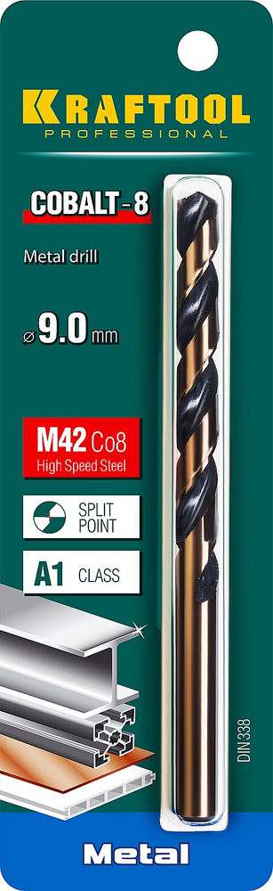 Сверло по металлу 9.0 х 125 мм сталь М42, HSS-Co(8%) COBALT-8 KRAFTOOL 29656-9