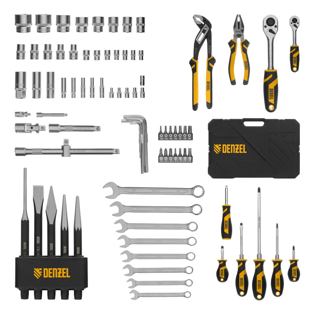 Набор инструментов, 1/2, 1/4, CrV, S2, пластиковый кейс, 84 предмета Denzel