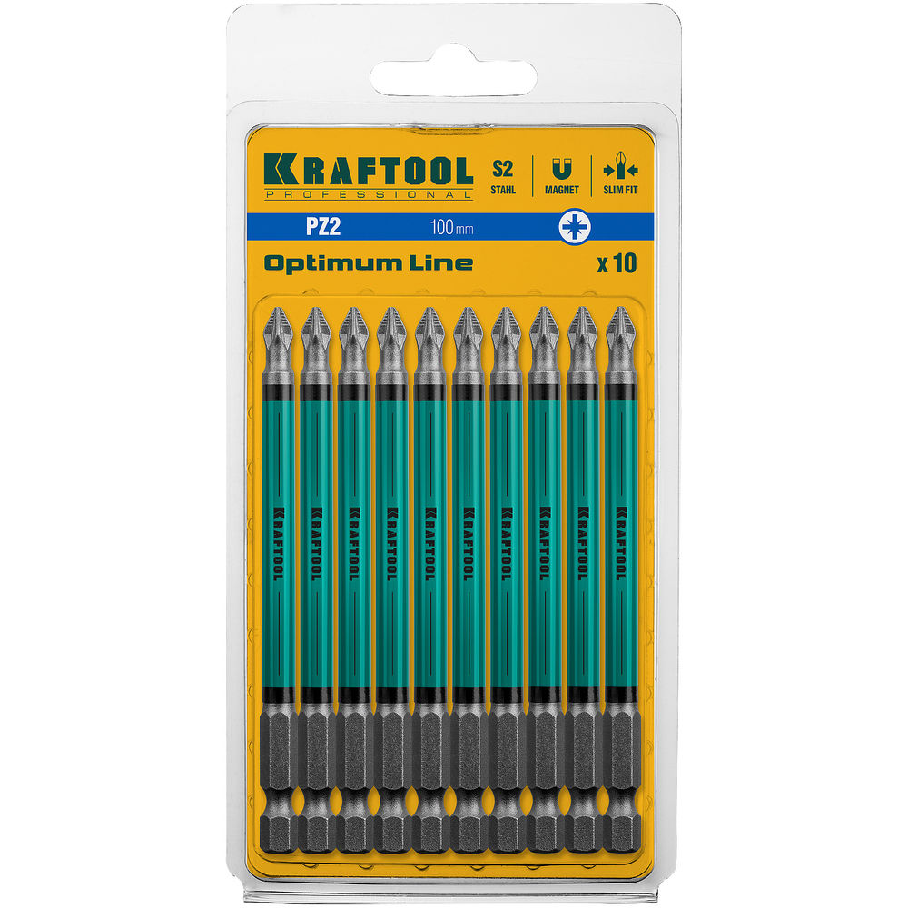 Биты Optimum PZ2, 100 мм, 10 шт KRAFTOOL 26124-2-100-10