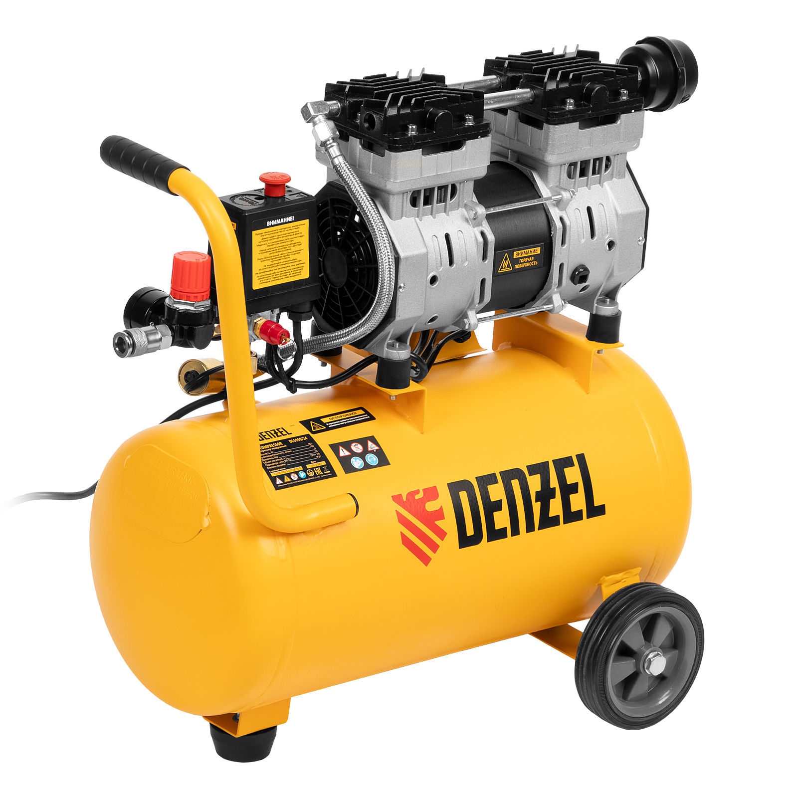 Компрессор DLS950/24 безмаслянный малошумный 950 Вт, 165 л/мин, ресивер 24 л Denzel (58026)