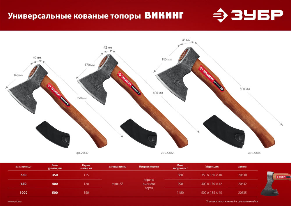 Топор 1100/1450 г 500 мм универсальный кованый ЗУБР ВИКИНГ-10 20635