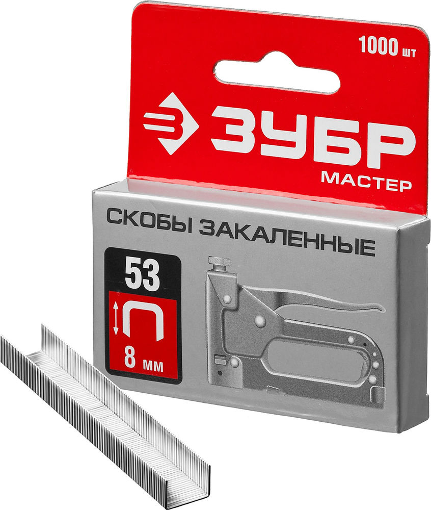 Скобы 8 мм, тип 53 (A/10/JT21), калибр 23GA, 1000 шт ЗУБР 31625-08