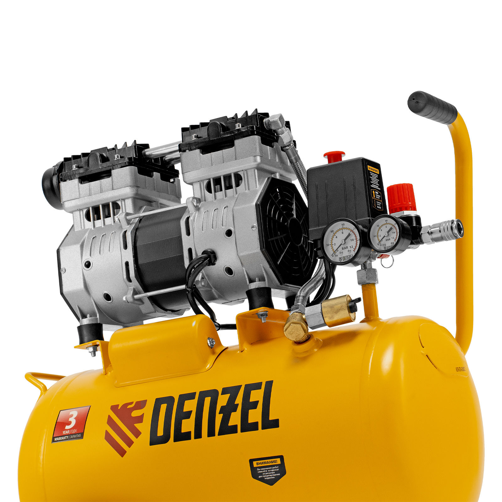 Компрессор DLS950/24 безмаслянный малошумный 950 Вт, 165 л/мин, ресивер 24 л Denzel (58026)