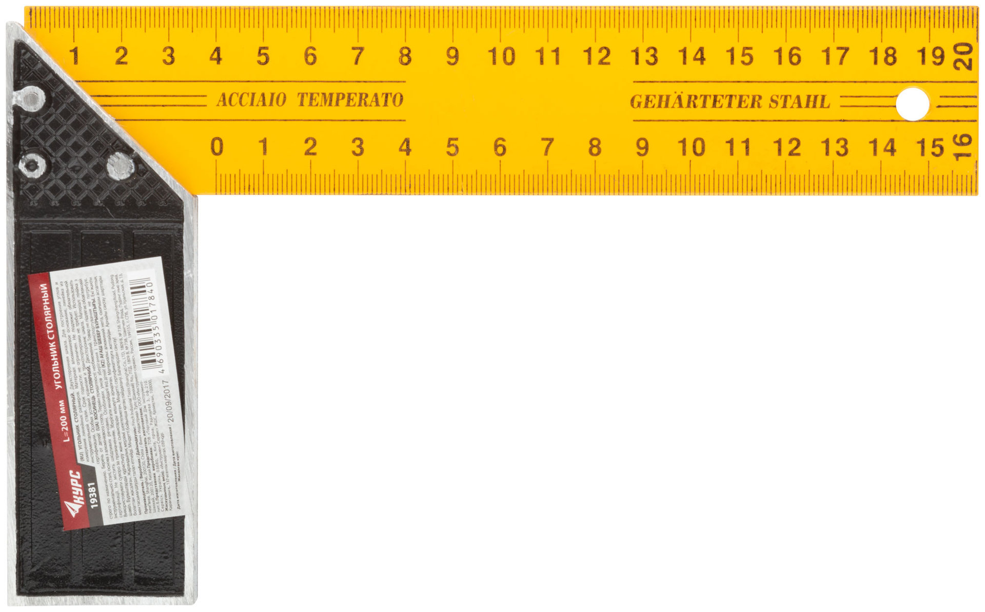 Угольник столярный желтый 200 мм (19381)