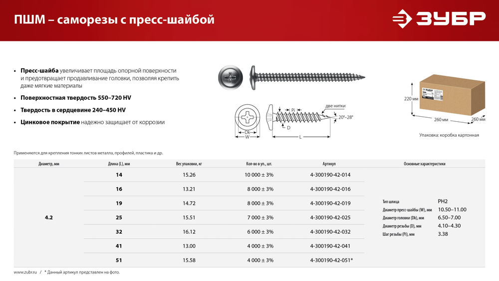 Саморез с пресс-шайбой 41 х 4.2 мм, цинк, 13 кг ЗУБР ПШМ 4-300190-42-041_z01
