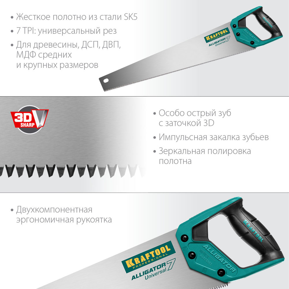 Универсальная ножовка Alligator Universal 7, 550 мм, 7 TPI, 3D зуб KRAFTOOL 15004-55