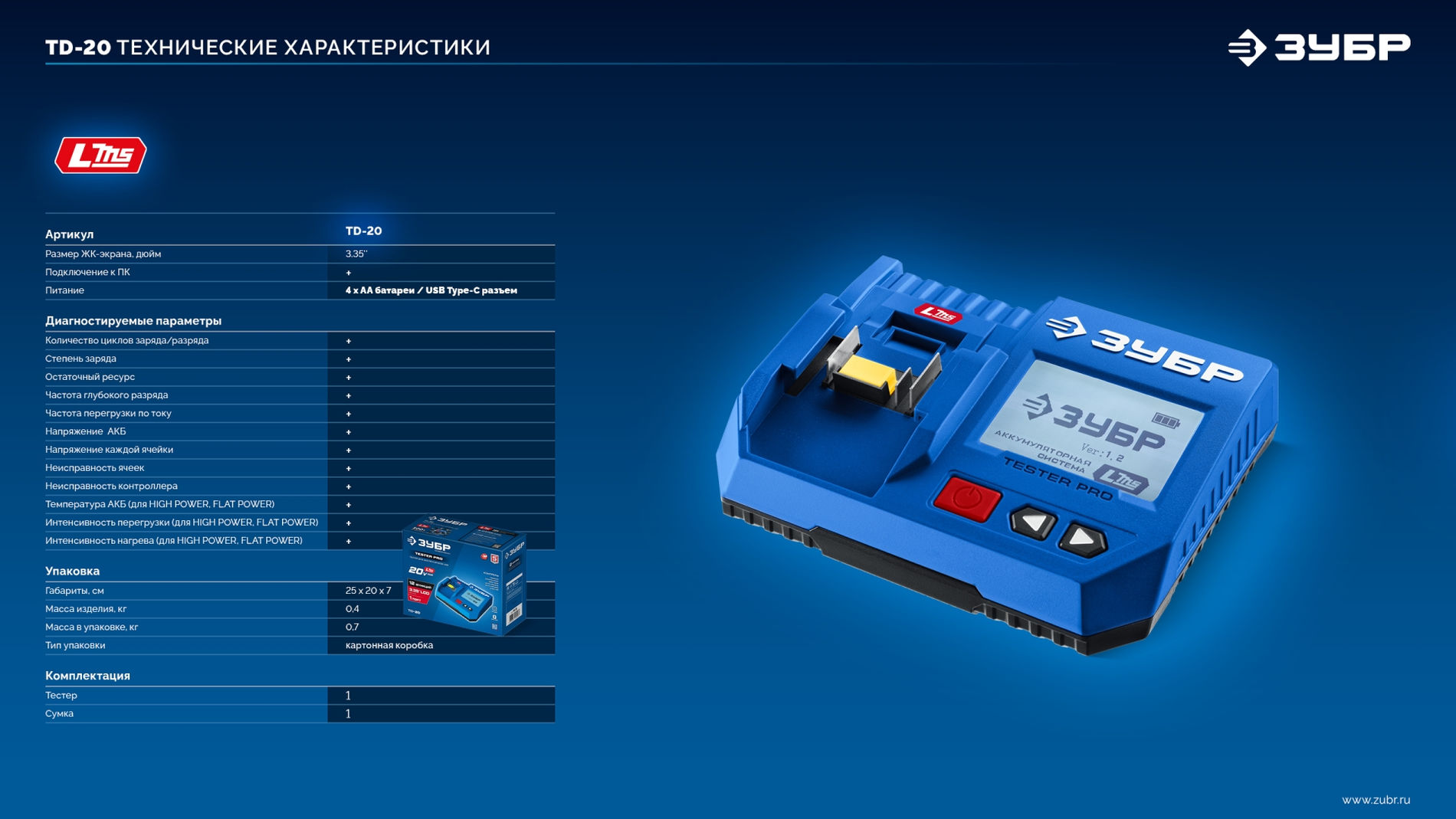 ЗУБР тестер для LMS АКБ 20В, ПРОФЕССИОНАЛ (TD-20)