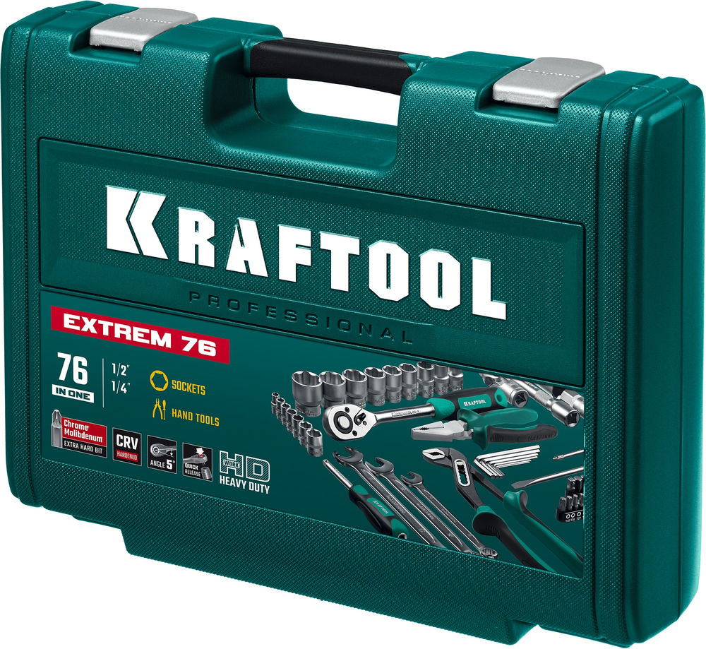 Набор инструмента универсальный 76 предм., (1/2+3/8+1/4) EXTREM-76 KRAFTOOL 27889-H76