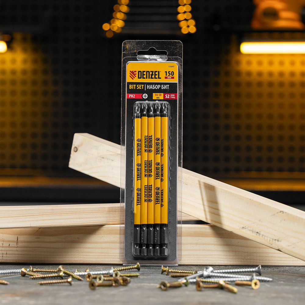 Бита PH2х150, сталь S2, цилиндр., 5шт. Е 6,3 Denzel (11647)
