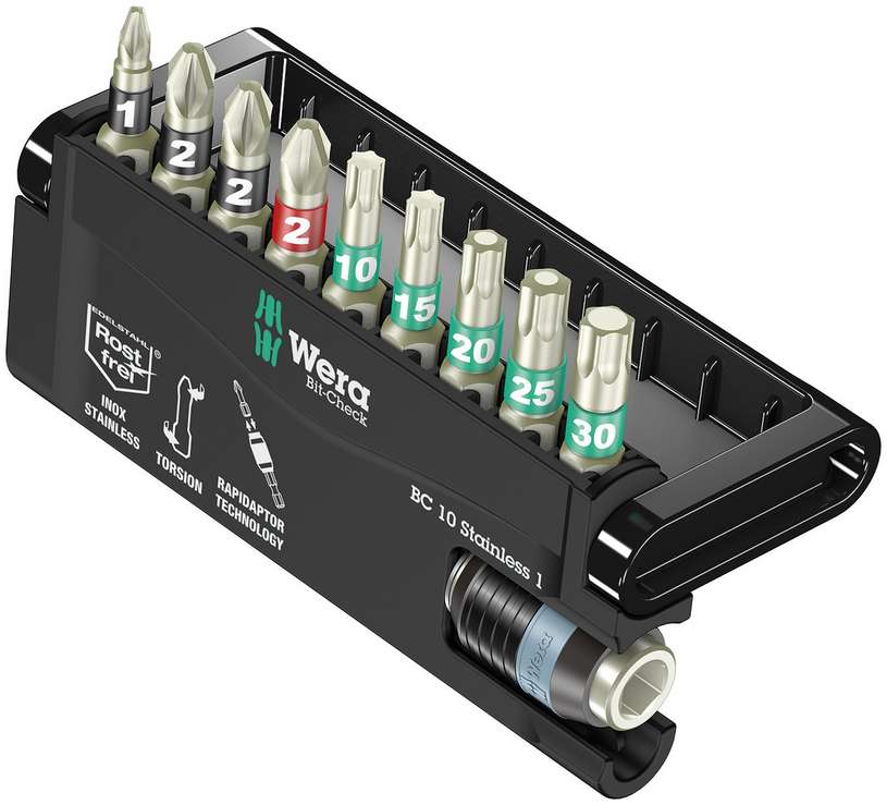 Набор бит с битодержателем Rapidaptor 10 Stainless 1, нерж., 10 пр., 1/4 C6.3 Bit-Check WE-071110