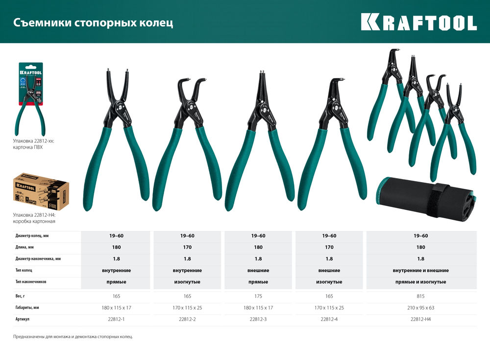 Съемник стопорных колец 180 мм, прямые губки, внешний KRAFTOOL 22812-3