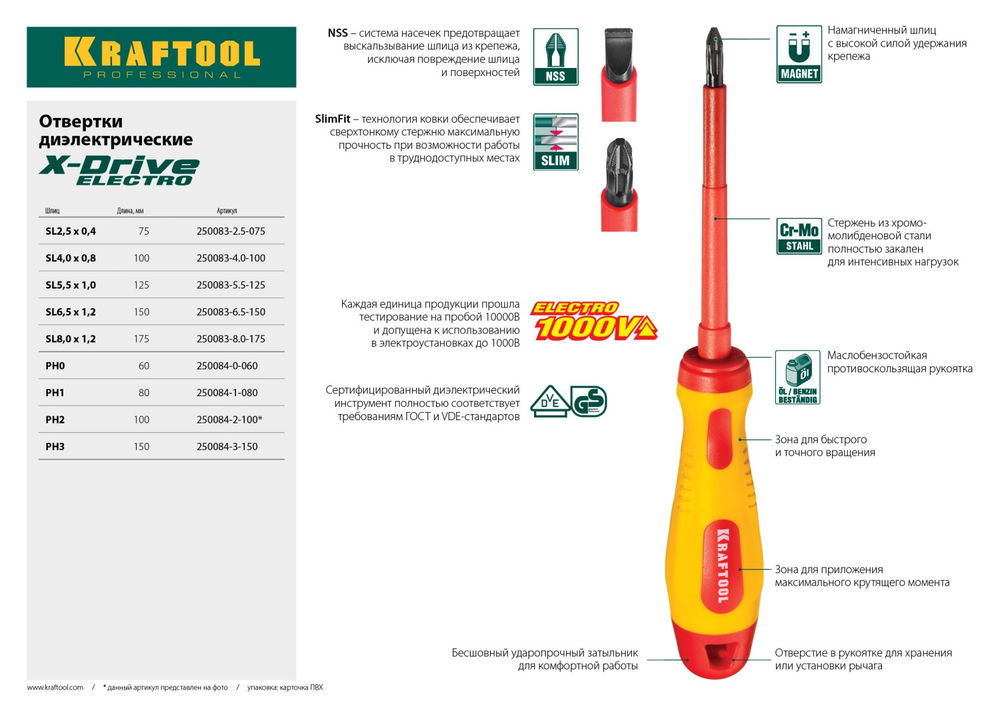 Отвертка высоковольтная PH3 х 150 мм KRAFTOOL 250084-3-150