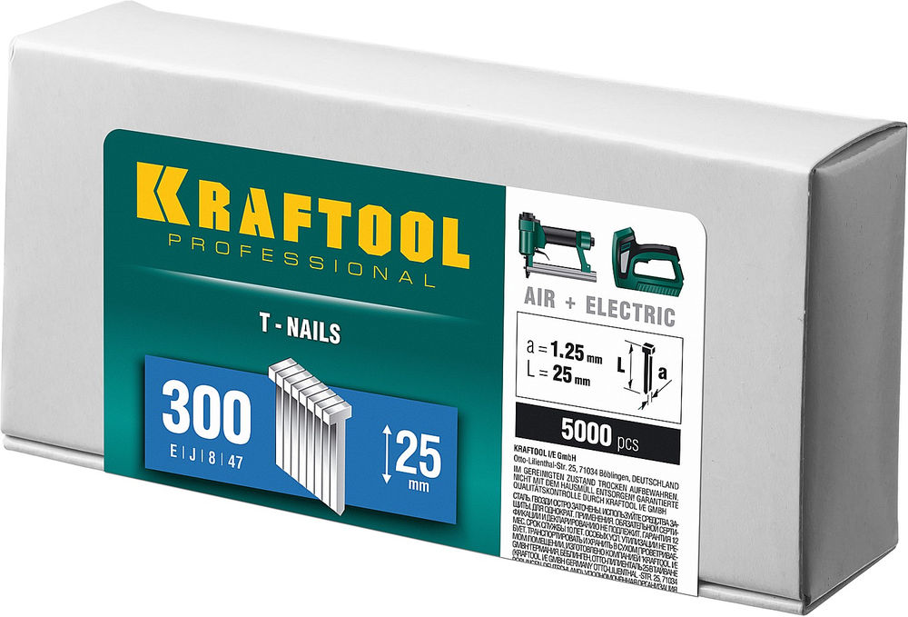 Гвозди тип 300 (47/J/F), 25 мм, калибр 18GA, 5000 шт KRAFTOOL 31785-25