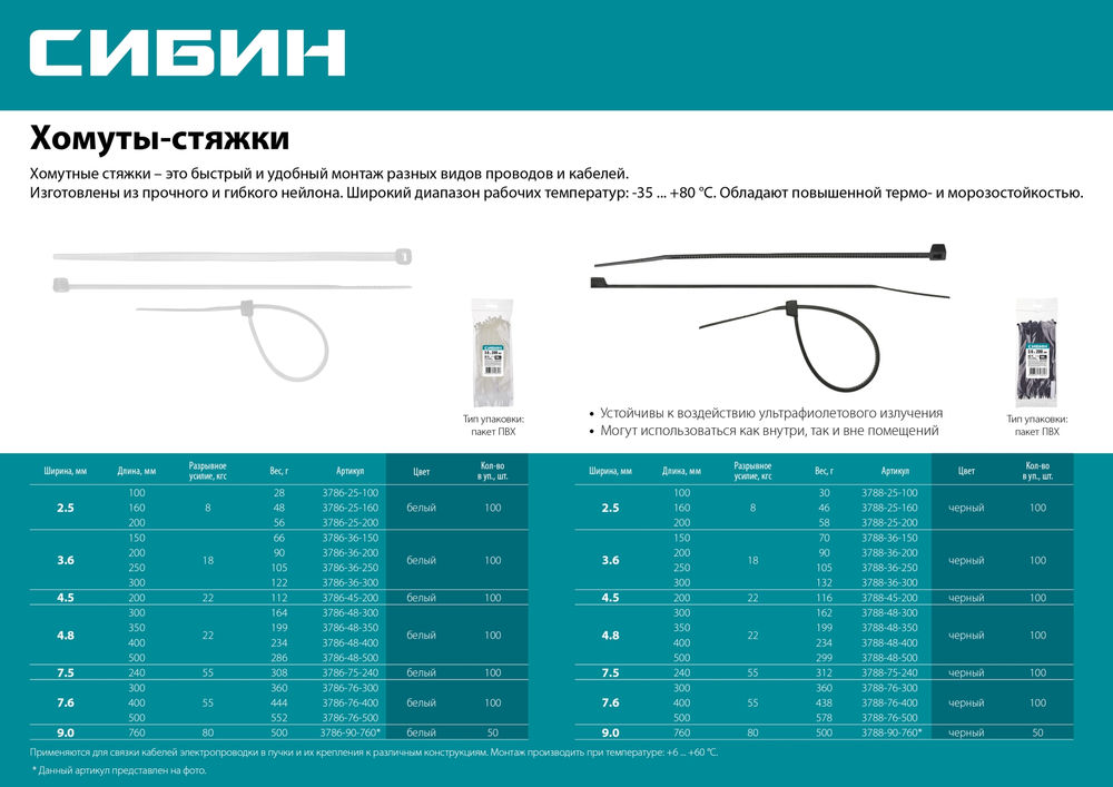 Хомуты-стяжки белые 7.6 x 400 мм нейлон РА66 100 шт СИБИН ХС-Б 3786-76-400