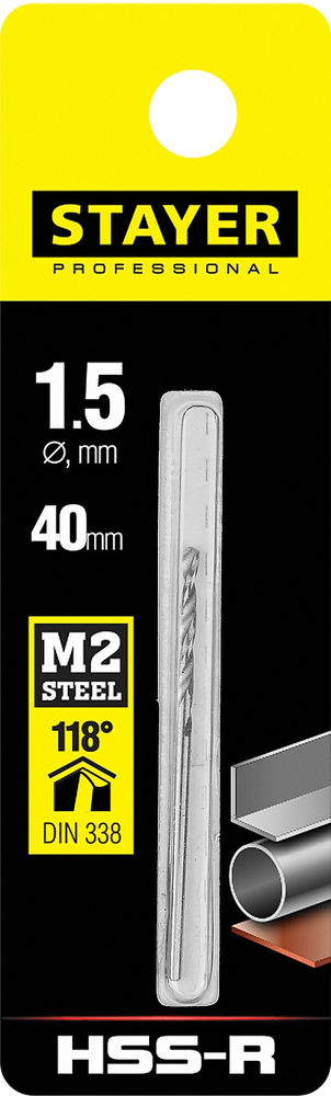 Сверло по металлу быстрорежущая сталь P6M5 Professional HSS-R STAYER 1.5x40 мм 29602-1.5  