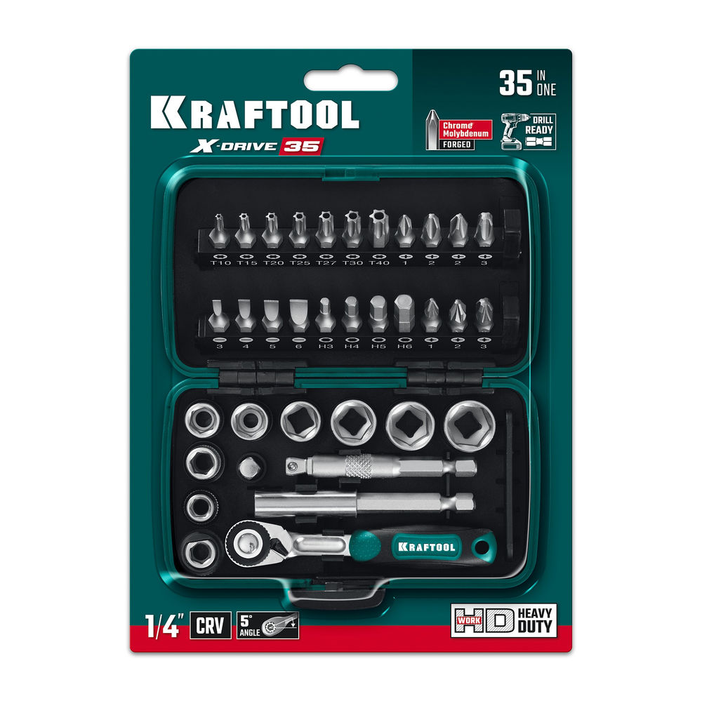Набор инструмента универсальный 35 предм., 1/4 X-Drive 35 KRAFTOOL 27974