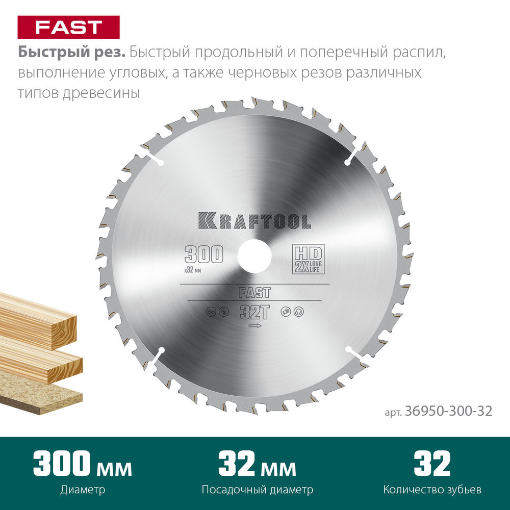 Пильный диск по дереву Fast, 300 х 32 мм, 32Т KRAFTOOL 36950-300-32